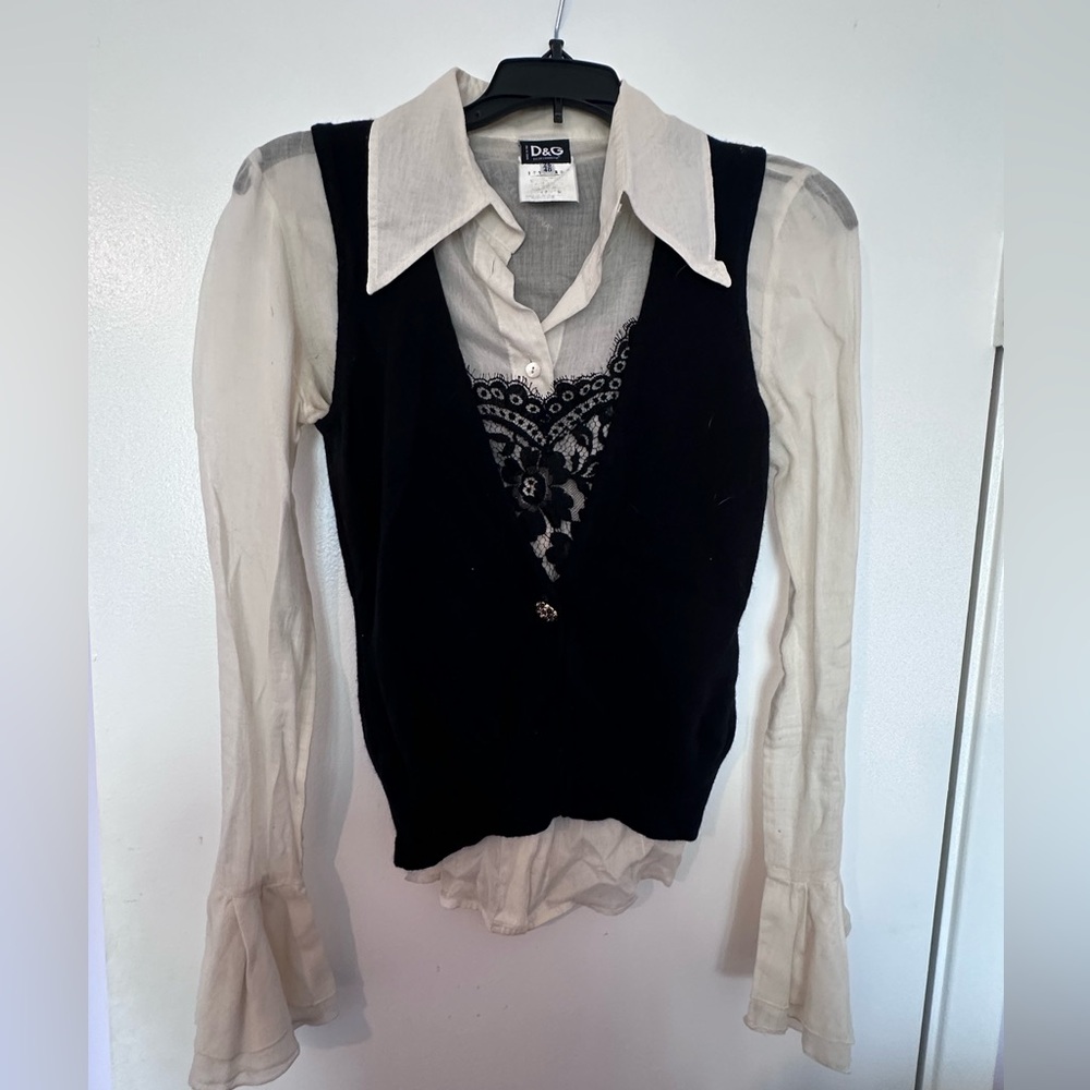Dolce and Gabbana beige blouse bell sleeves black lace vest two different tops